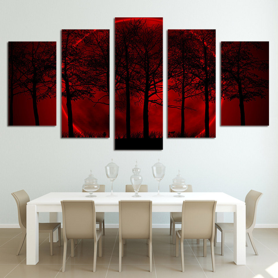 5 Panel Red Moon Sky Psychedelic Forest Painting Modern Canvas Wall Art - wall canvas - 99fab.com