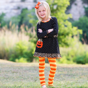 Girls' Halloween Orange Pumpkin Polka Dot Dress & Leggings Outfit