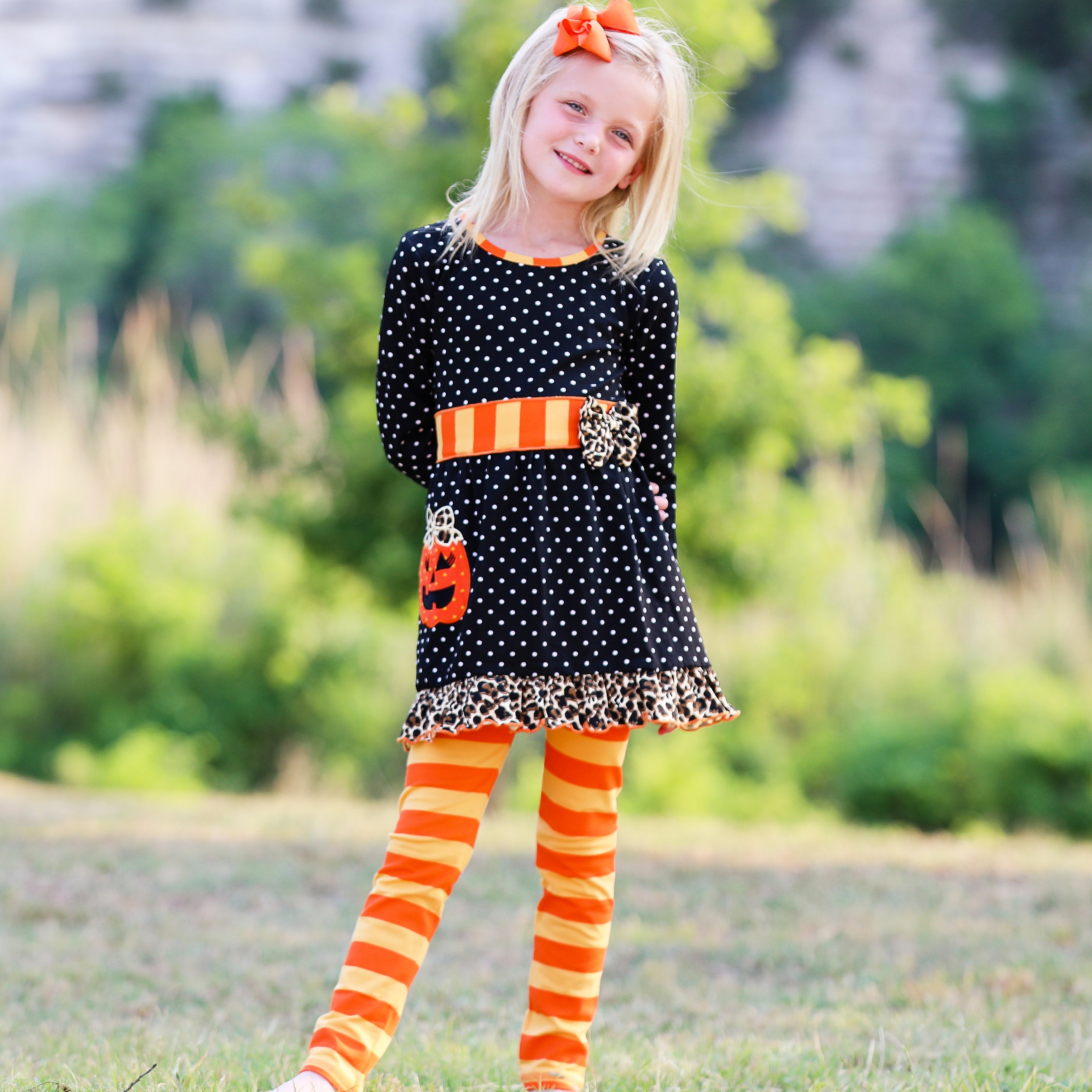 Girls' Halloween Orange Pumpkin Polka Dot Dress & Leggings Outfit