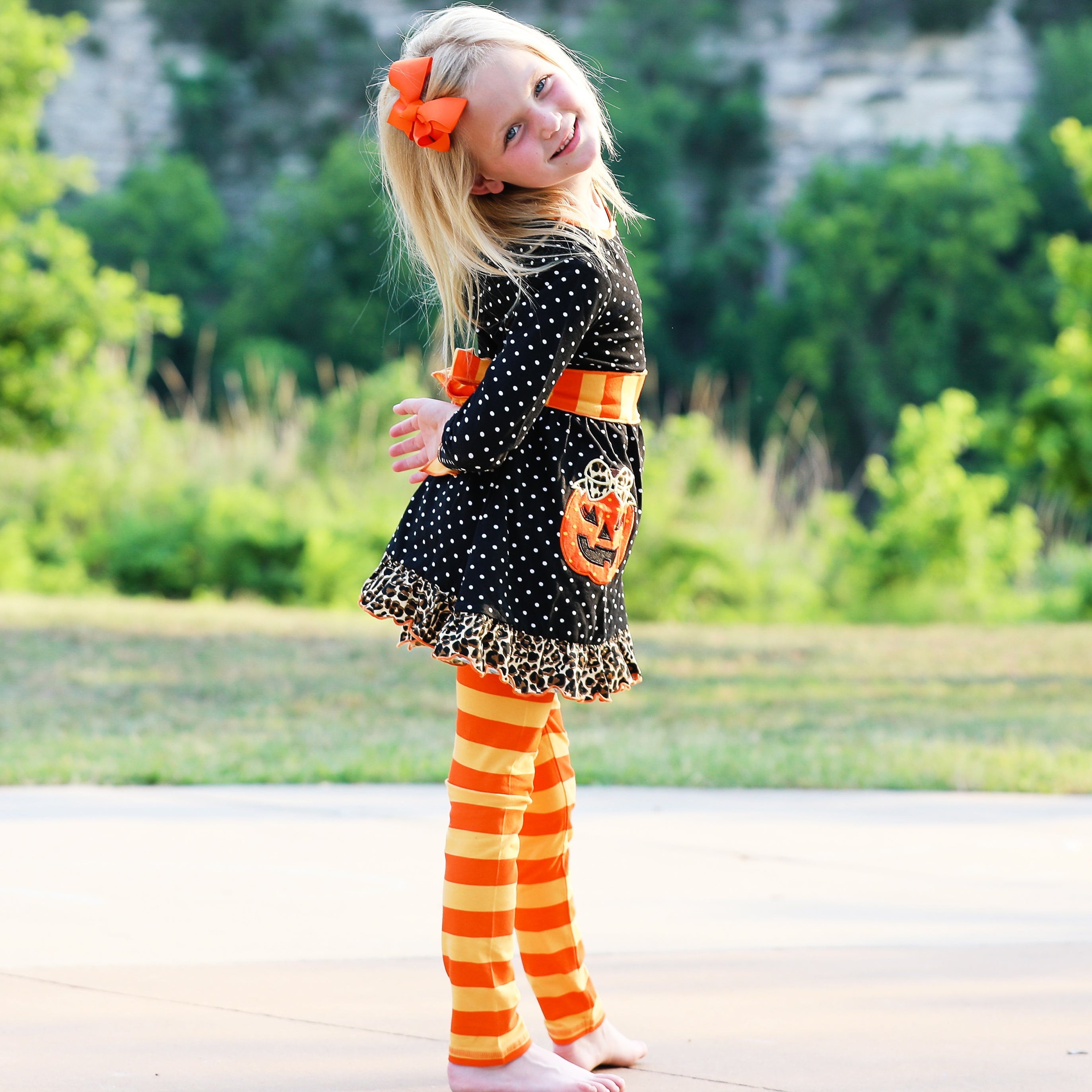 Girls' Halloween Orange Pumpkin Polka Dot Dress & Leggings Outfit