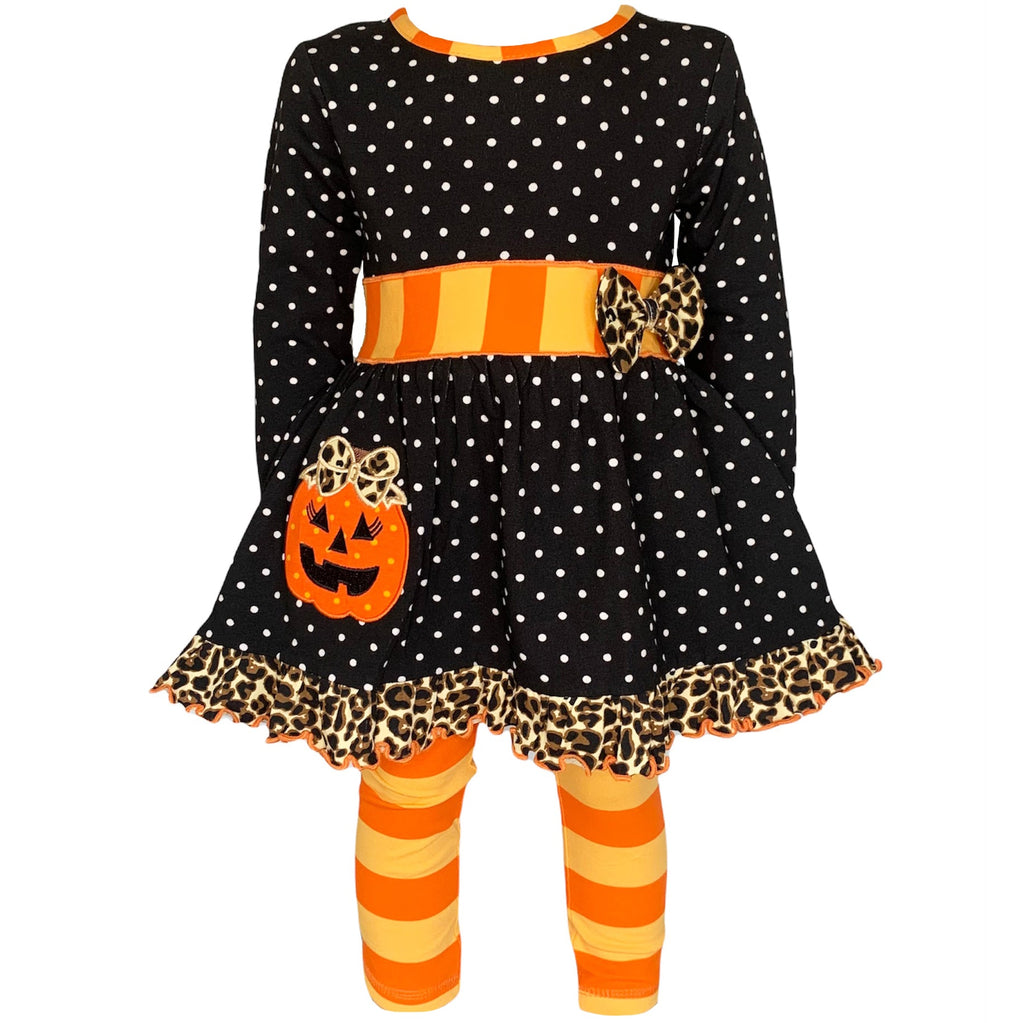 Girls' Halloween Orange Pumpkin Polka Dot Dress & Leggings Outfit - 99fab 