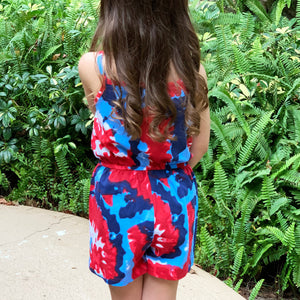 Big Little Girls Red White and Blue Tie Dye Shorts Jumpsuit Summer One Piece Outfit