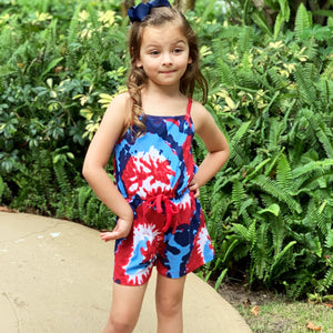 Big Little Girls Red White and Blue Tie Dye Shorts Jumpsuit Summer One Piece Outfit