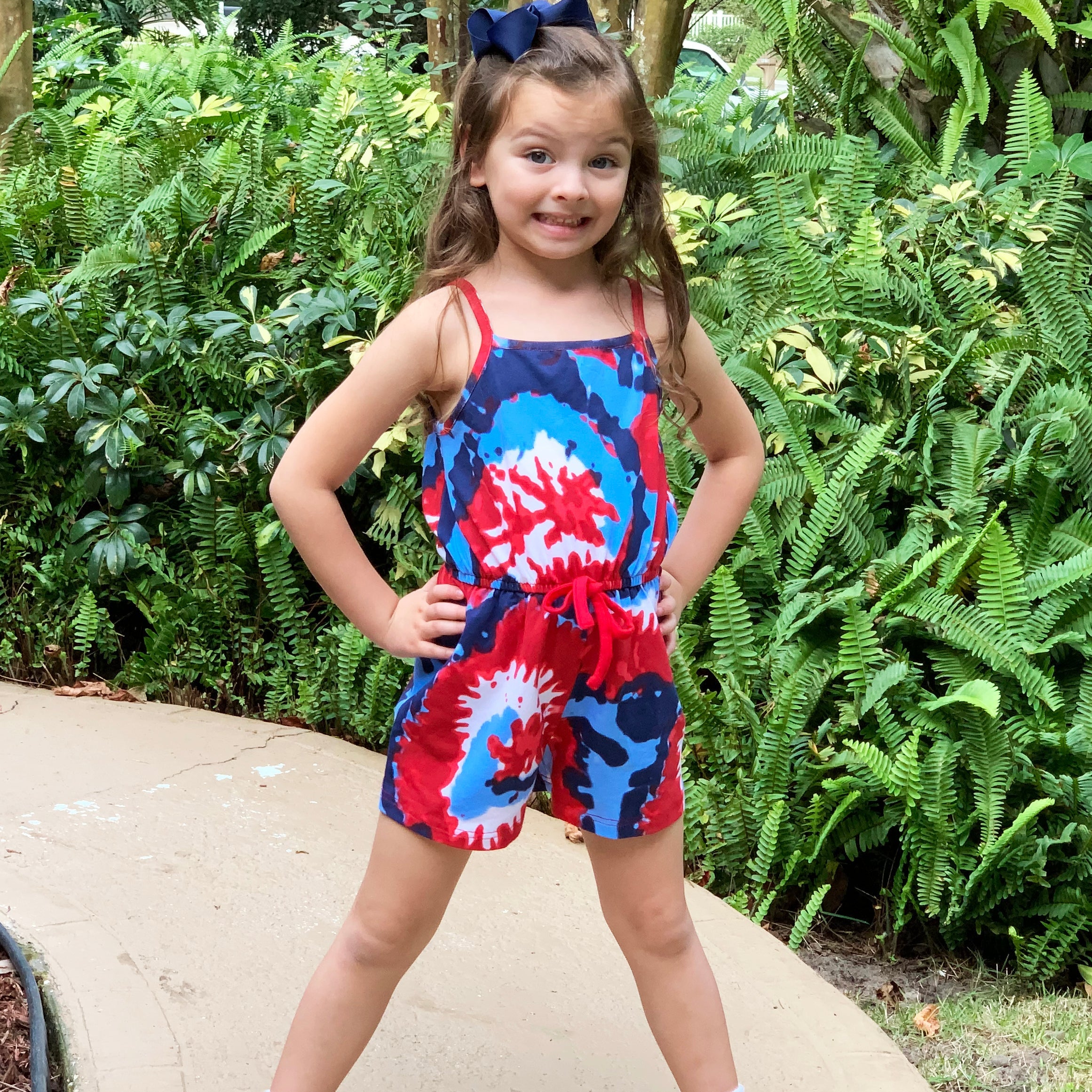 Big Little Girls Red White and Blue Tie Dye Shorts Jumpsuit Summer One Piece Outfit