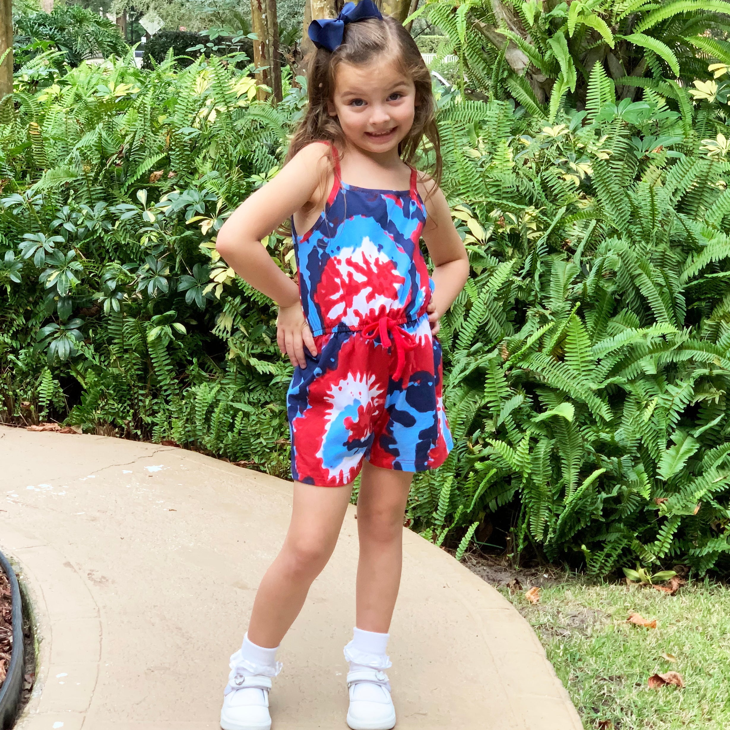 Big Little Girls Red White and Blue Tie Dye Shorts Jumpsuit Summer One Piece Outfit