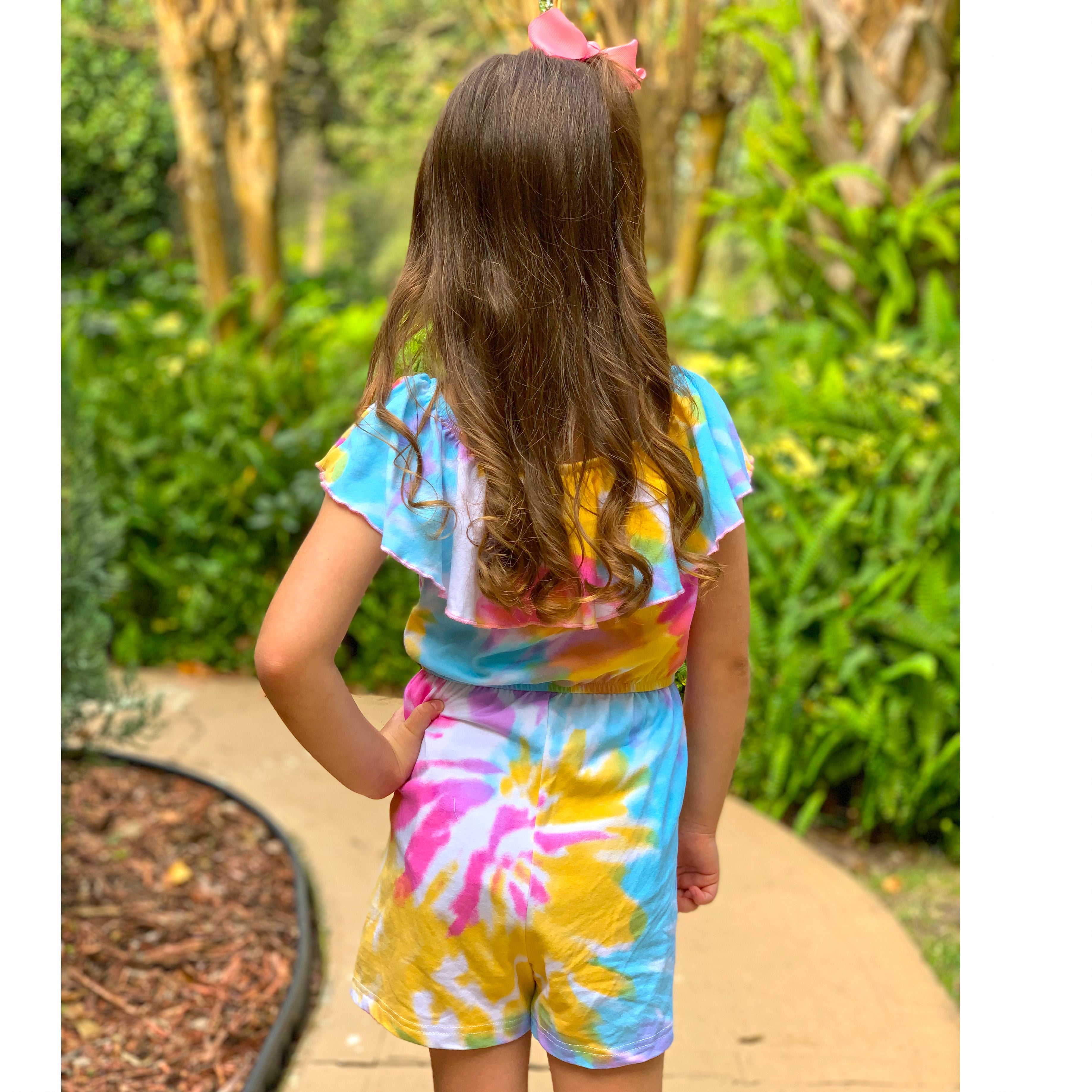 Big Little Girls Pastel Tie Dye Shorts Jumpsuit Summer One Piece Outfit