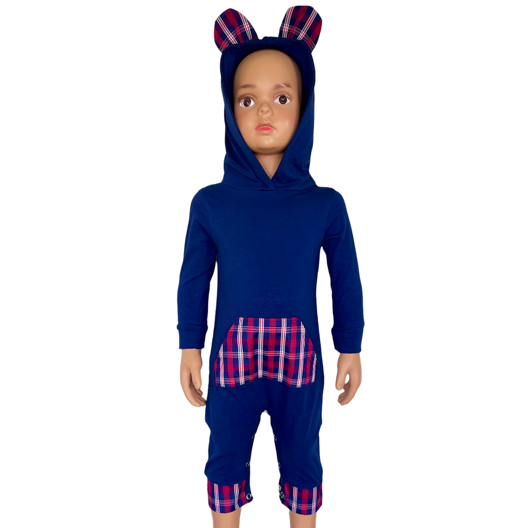 Girls Long Sleeve Teddy Bear Blue Plaid Baby Toddler Romper Hoodie One Piece