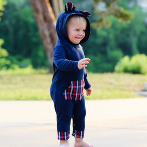 Girls Long Sleeve Teddy Bear Blue Plaid Baby Toddler Romper Hoodie One Piece