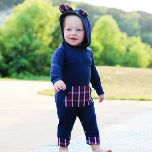 Girls Long Sleeve Teddy Bear Blue Plaid Baby Toddler Romper Hoodie One Piece