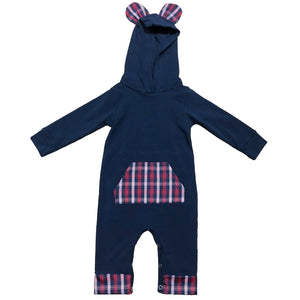 Girls Long Sleeve Teddy Bear Blue Plaid Baby Toddler Romper Hoodie One Piece