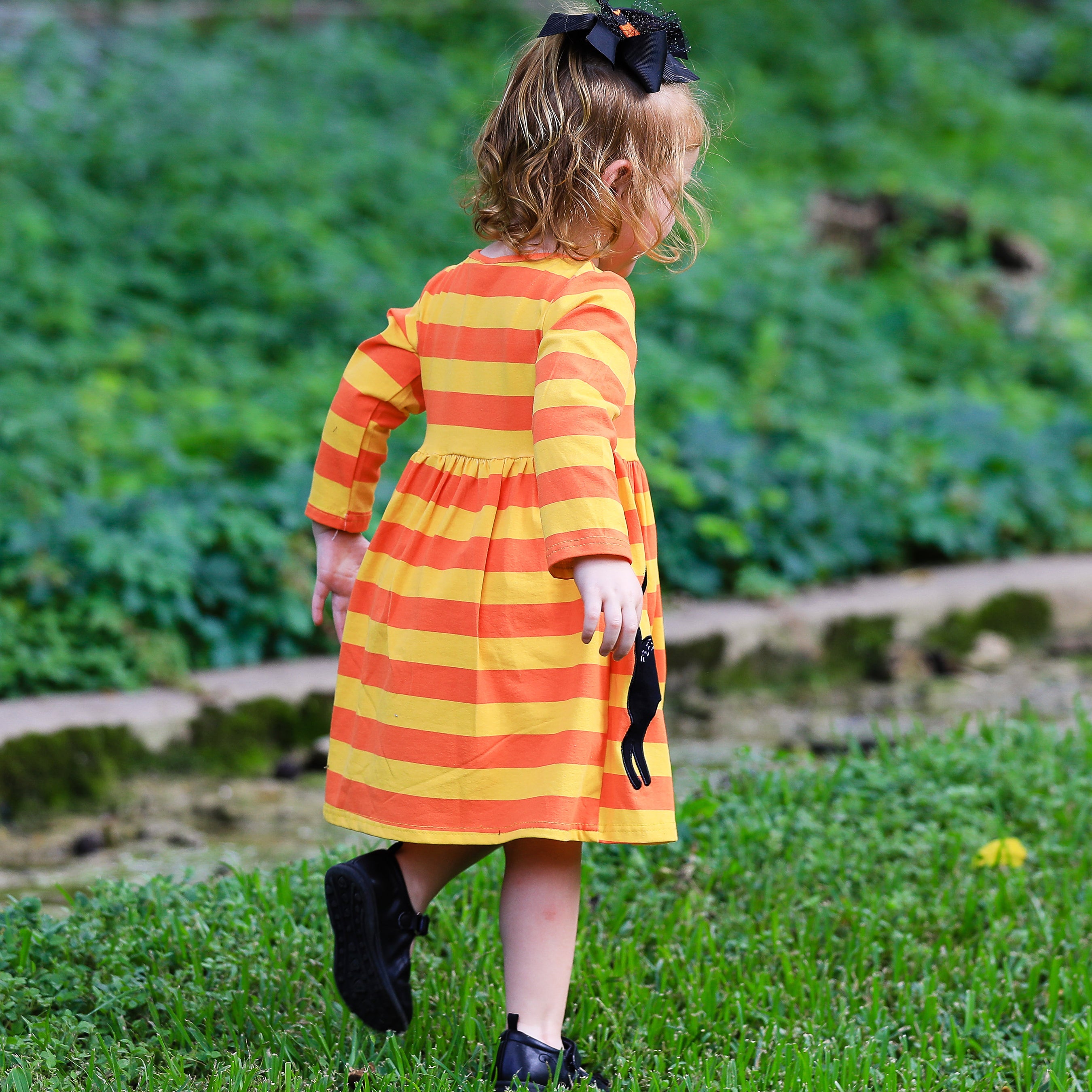 Girls Boutique Black Cat Orange Striped Halloween Dress