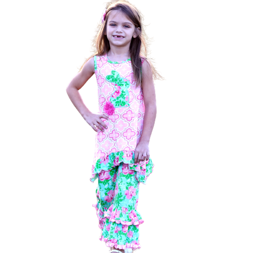 Big Little Girls Easter Bunny Tunic Spring Floral Ruffle Capri Pants Outfit - 99fab 