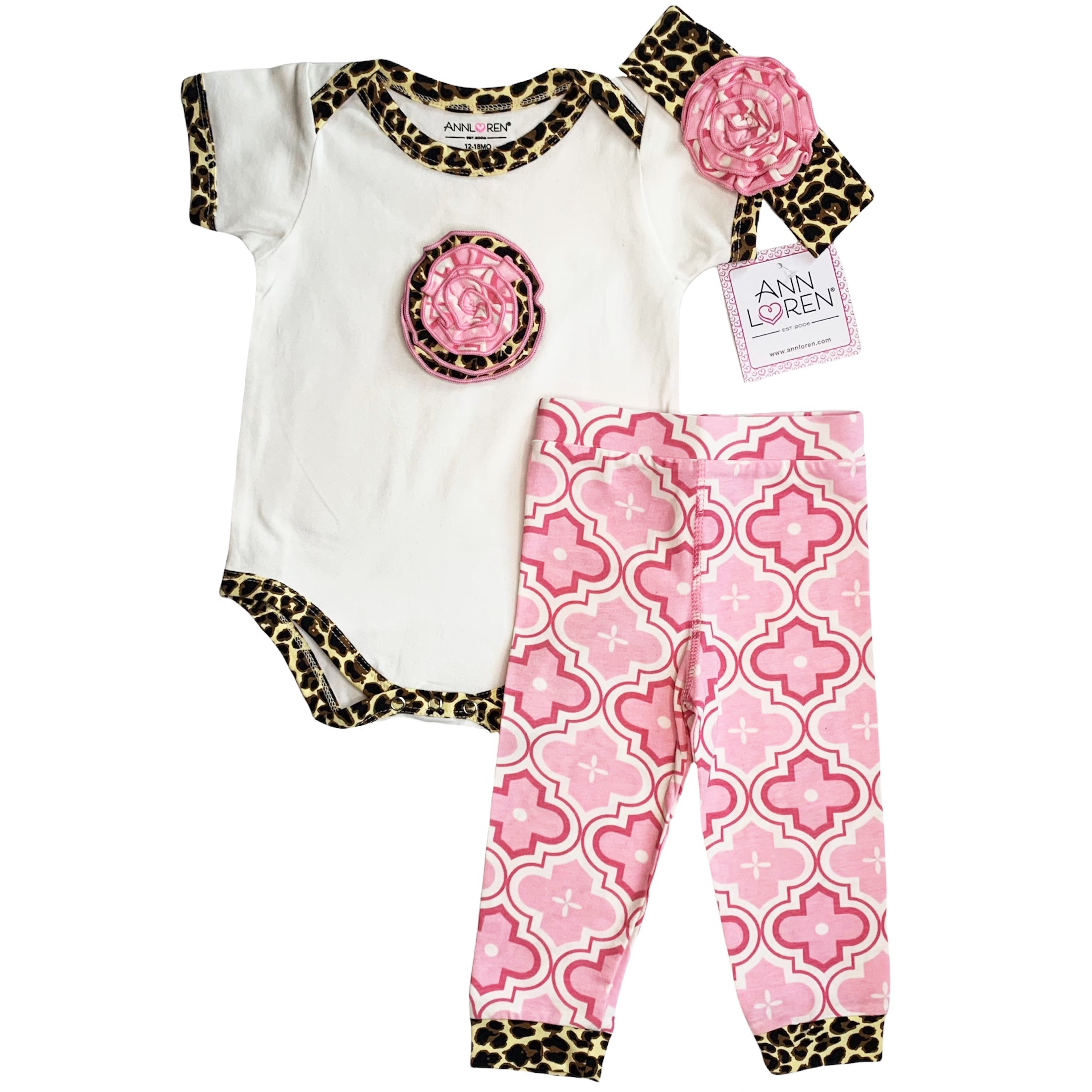 Baby Girls Layette Pink Leopard Onesie Pants Headband 3pc Gift Set Clothing