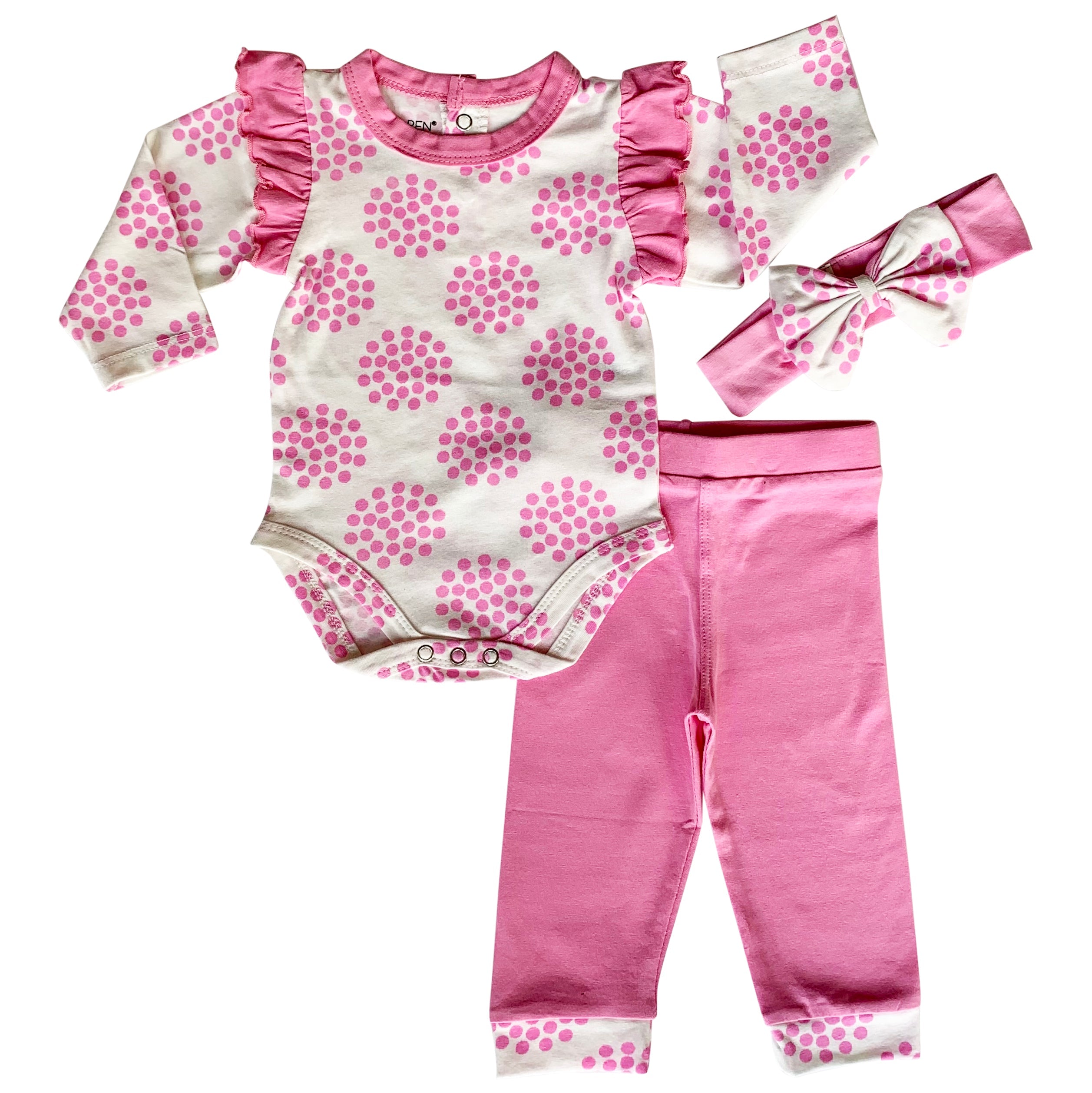 Baby Girls Layette Pink Polka Dot Onesie Pants Headband 3pc Gift Set Clothing Sizes 3M - 18M