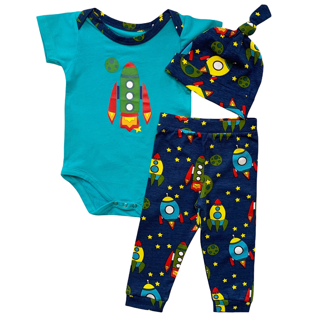 Baby Boys Layette Space Ship Onesie Pants Cap 3pc Gift Set Clothing - 99fab 