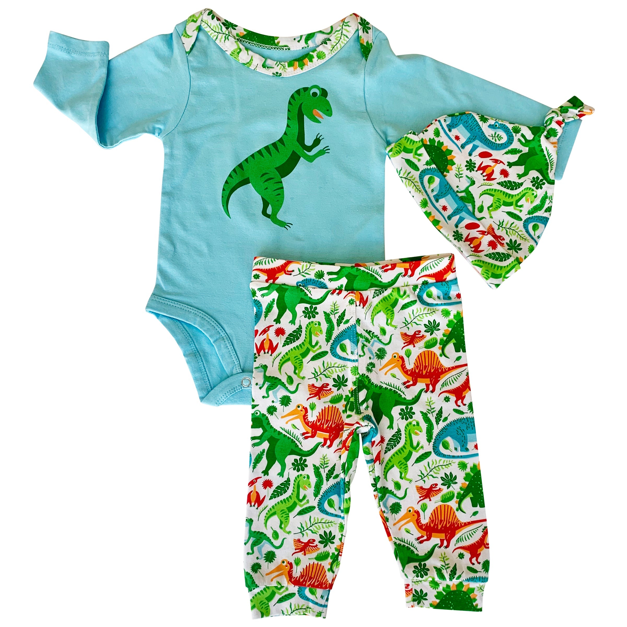 Baby Layette Boys Dinosaur Long Sleeve Onesie Pants Cap 3pc Gift Set