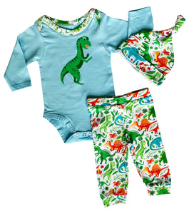 Baby Layette Boys Dinosaur Long Sleeve Onesie Pants Cap 3pc Gift Set