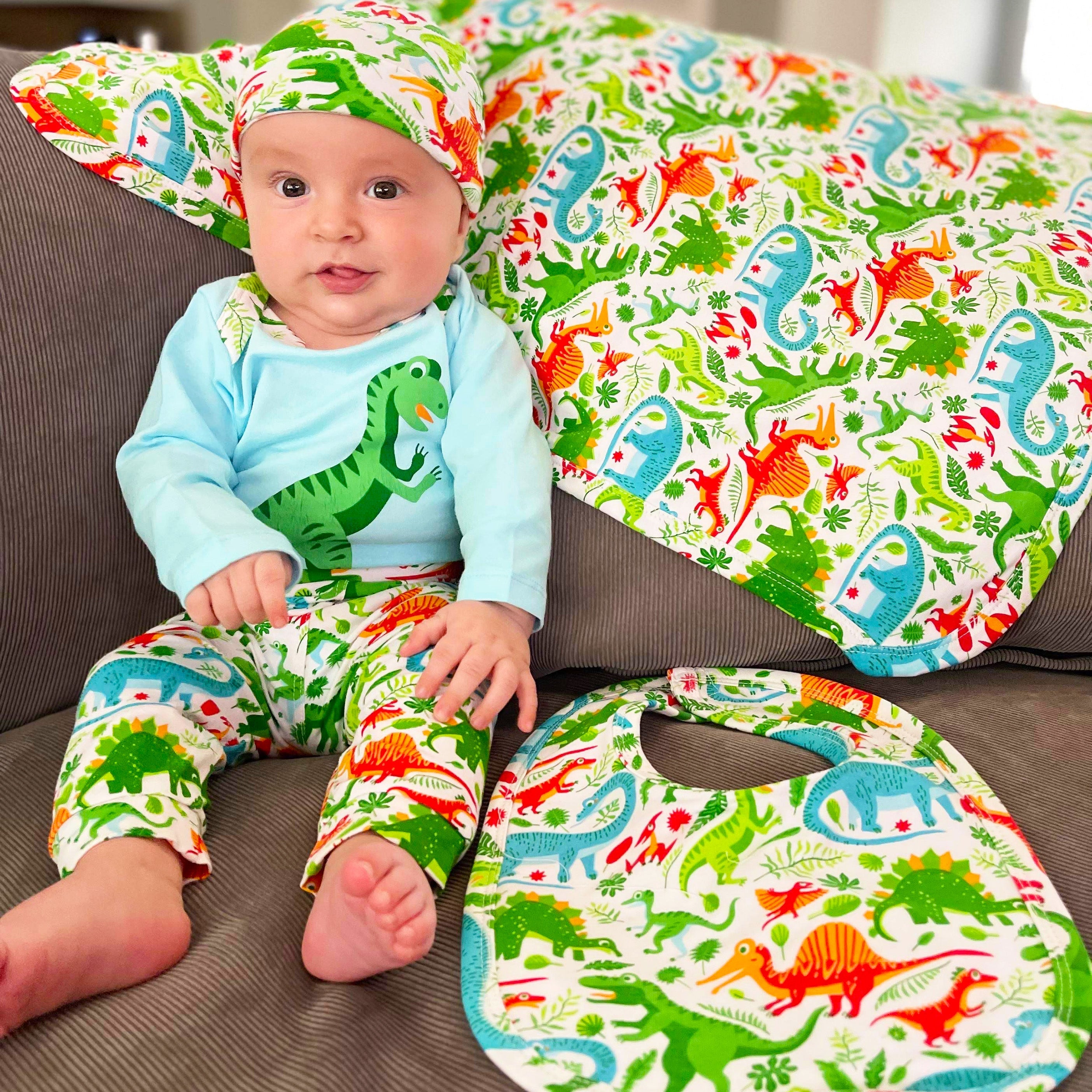 Baby Layette Boys Dinosaur Long Sleeve Onesie Pants Cap 3pc Gift Set