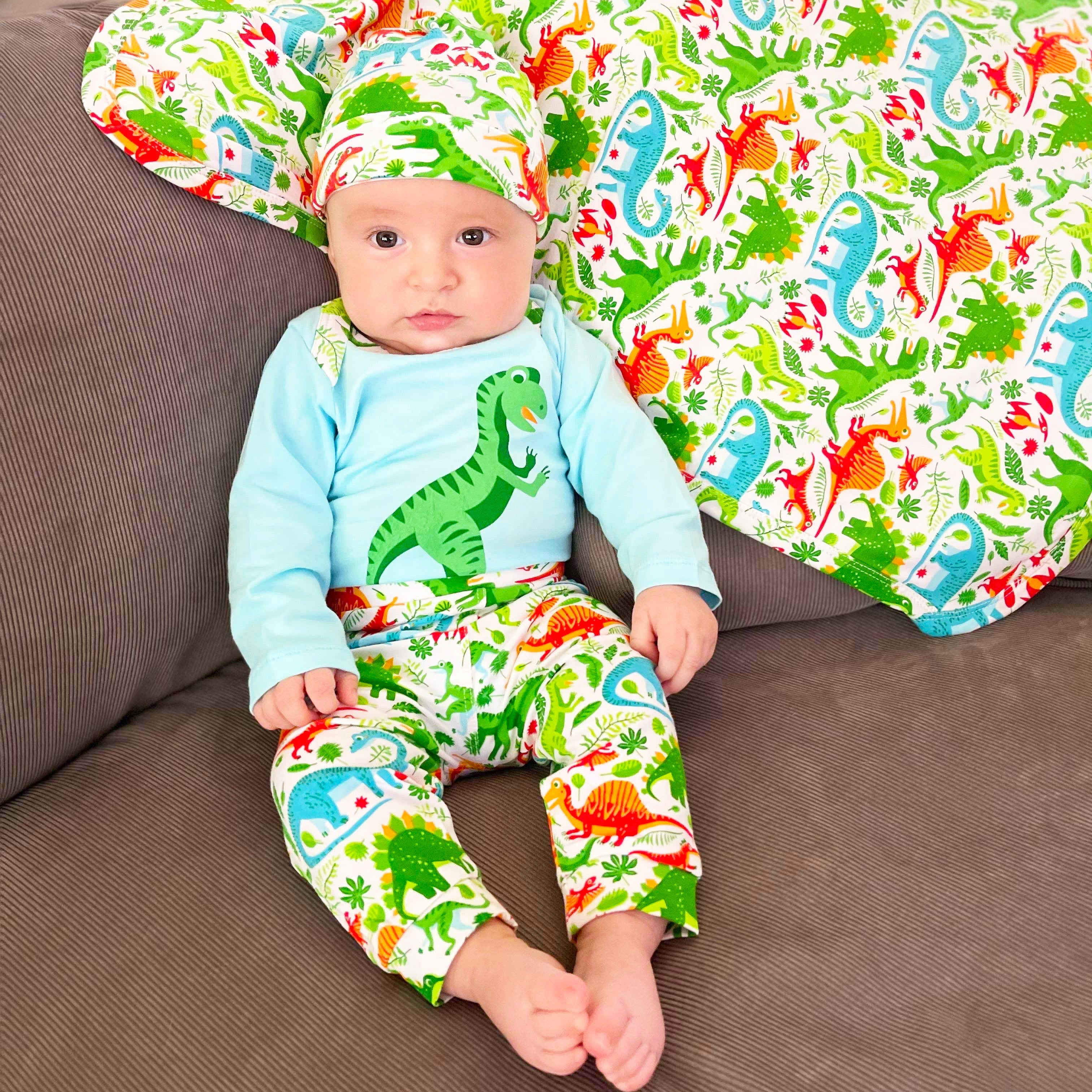 Baby Layette Boys Dinosaur Long Sleeve Onesie Pants Cap 3pc Gift Set