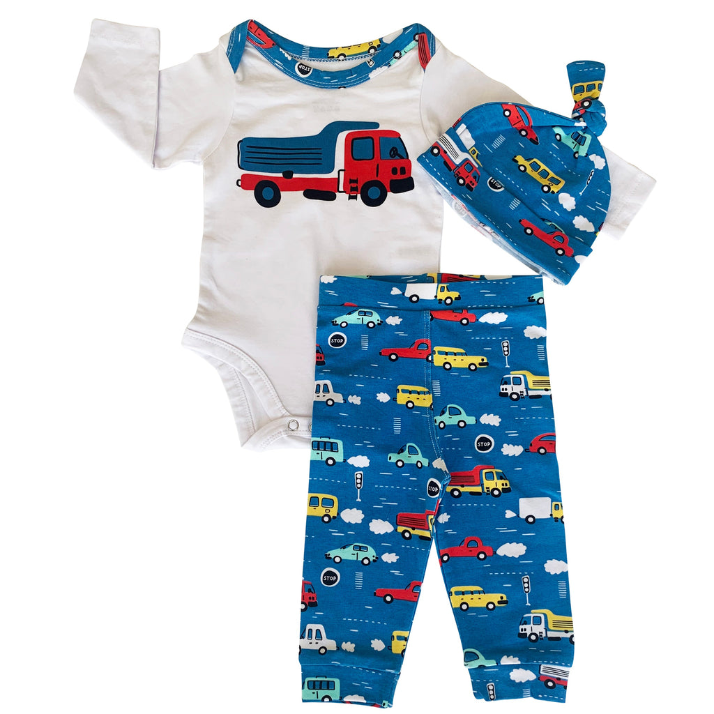 Baby Boys Layette Cars Trucks Long Sleeve Onesie Pants Cap 3pc Gift Set - 99fab 