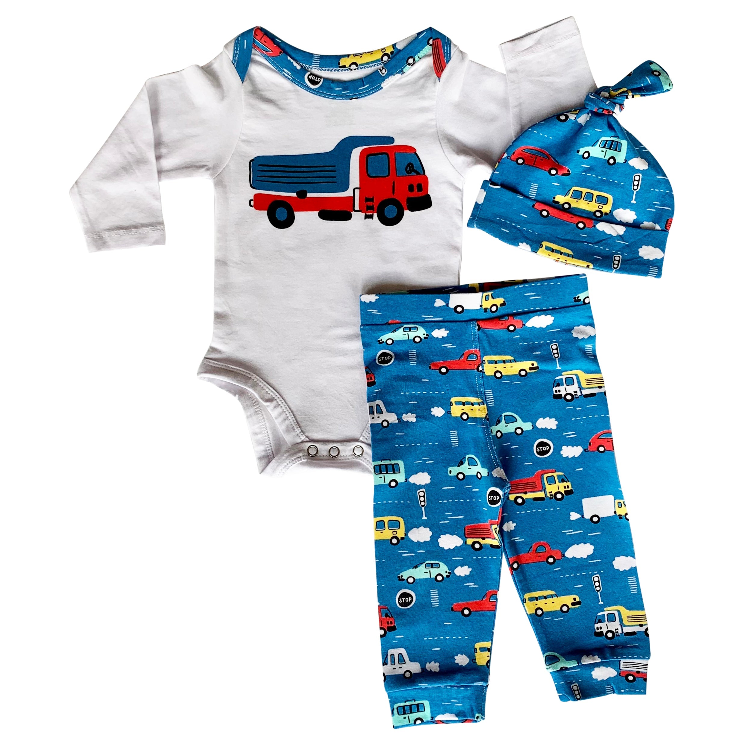 Baby Boys Layette Cars Trucks Long Sleeve Onesie Pants Cap 3pc Gift Set