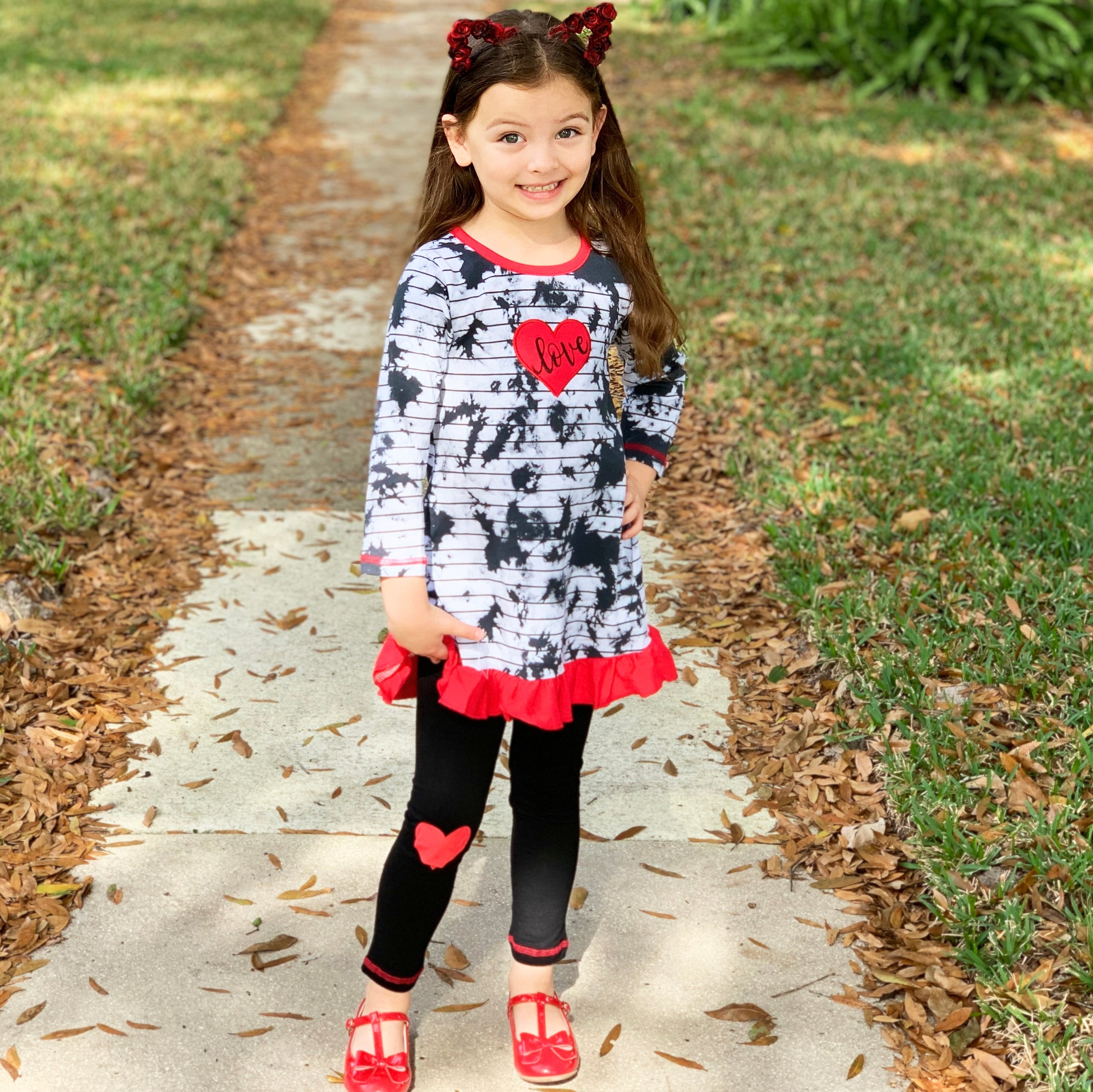 Girls Valentine's Day Heart Tie Dye Outfit Dress and Black Leggings