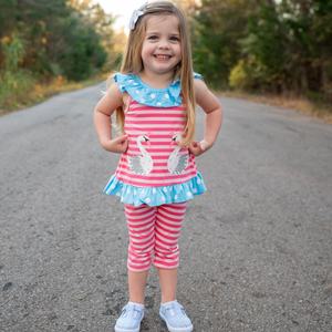 AL Limited Girls Pink Swan Princess Striped Tunic and Capri Leggings Outfit