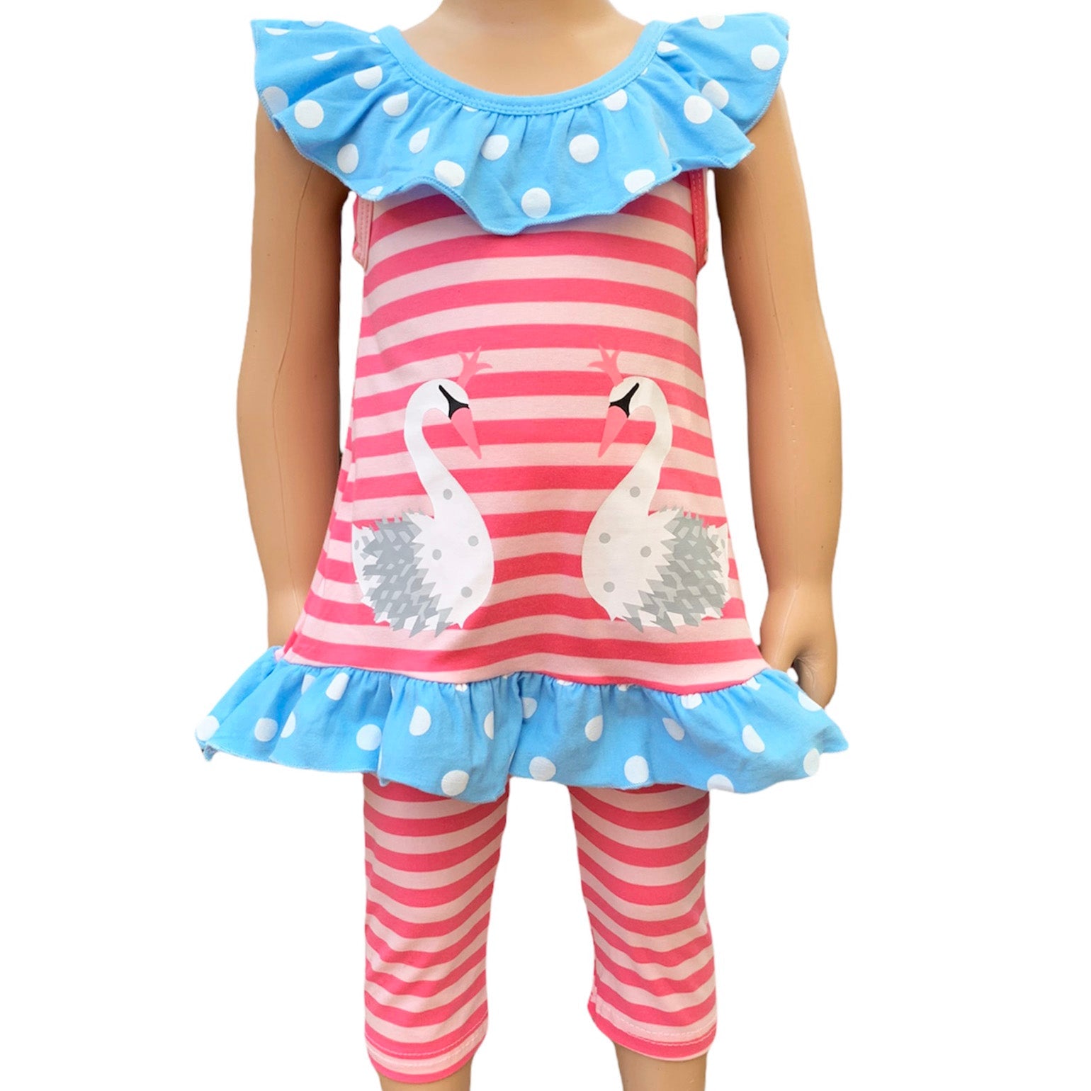 AL Limited Girls Pink Swan Princess Striped Tunic and Capri Leggings Outfit