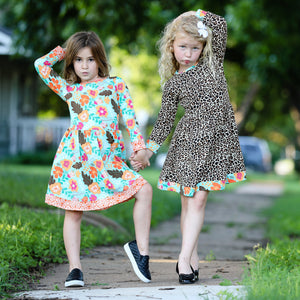 Little & Big Girls Long Sleeve Leopard Rose Fall Floral Dress Boutique Sizes 2/3T - 9/10