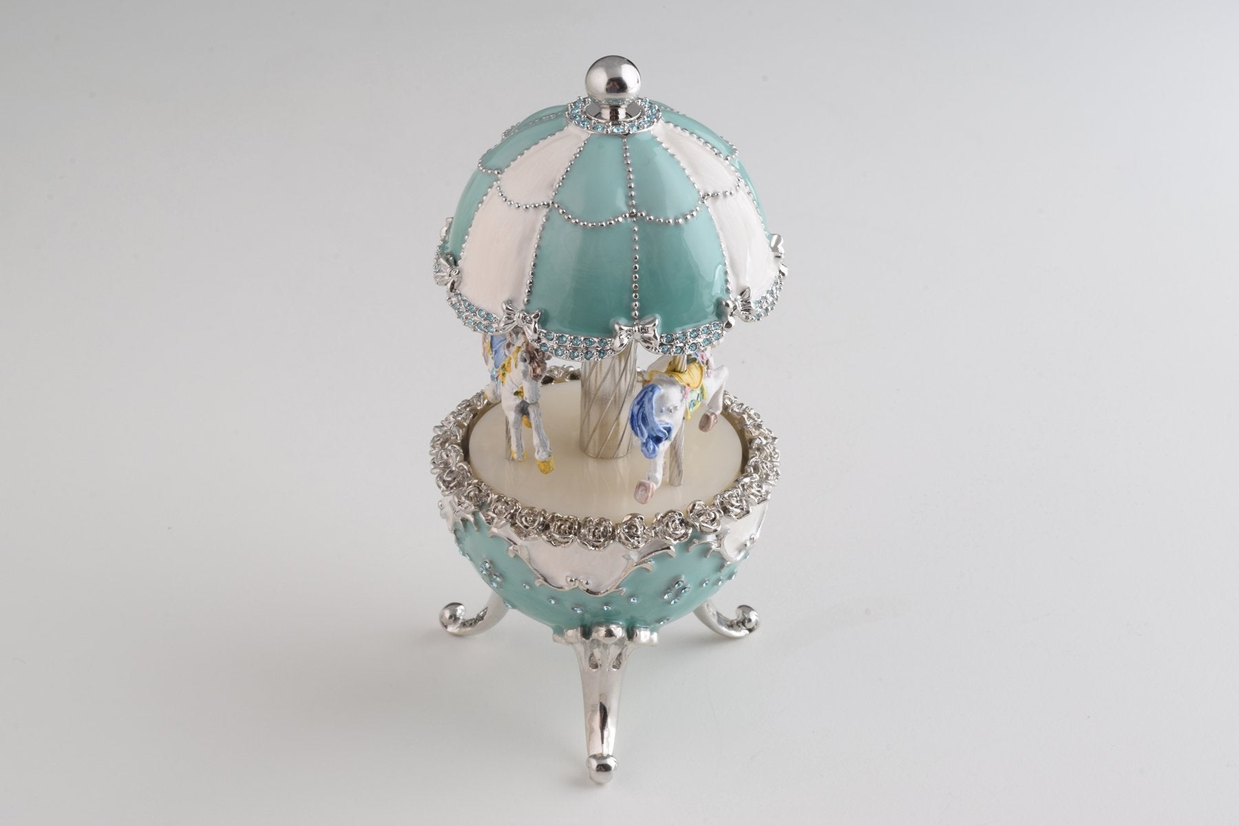 Light Blue Carousel Faberge Egg with White Royal Horses-3