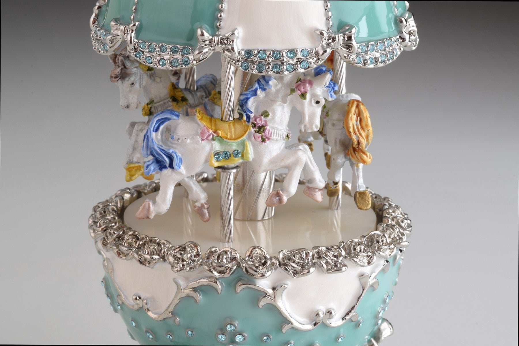 Light Blue Carousel Faberge Egg with White Royal Horses-6