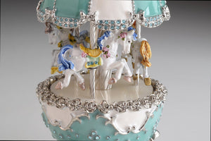 Light Blue Carousel Faberge Egg with White Royal Horses-5