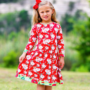 Girls Boutique Christmas Floral Long Sleeve Cotton Party Dress