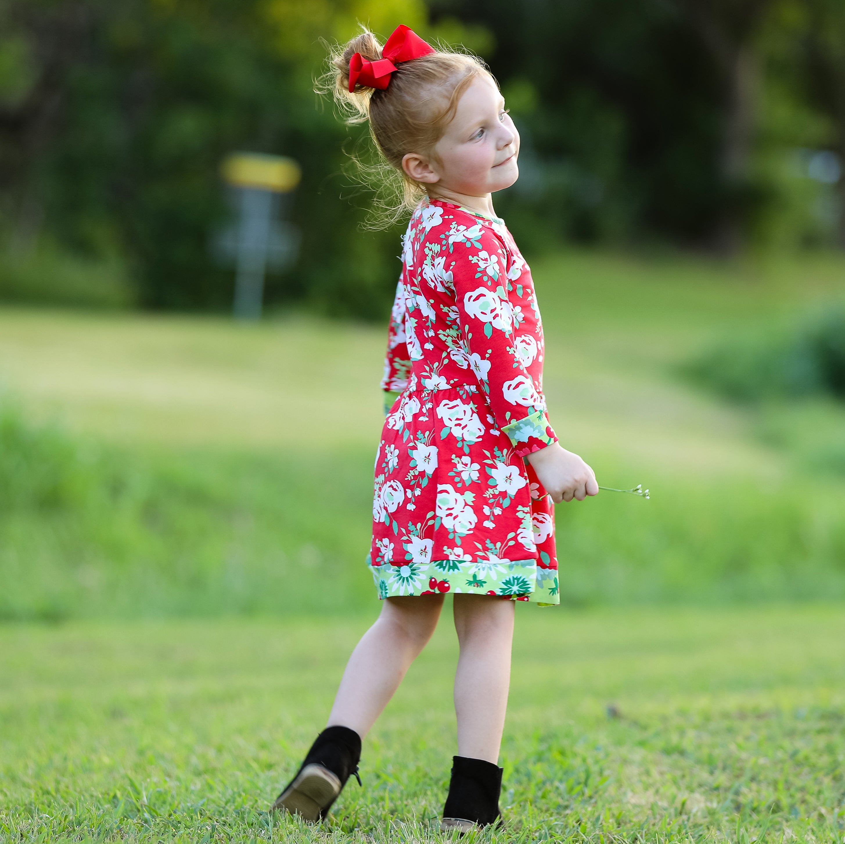 Girls Boutique Christmas Floral Long Sleeve Cotton Party Dress