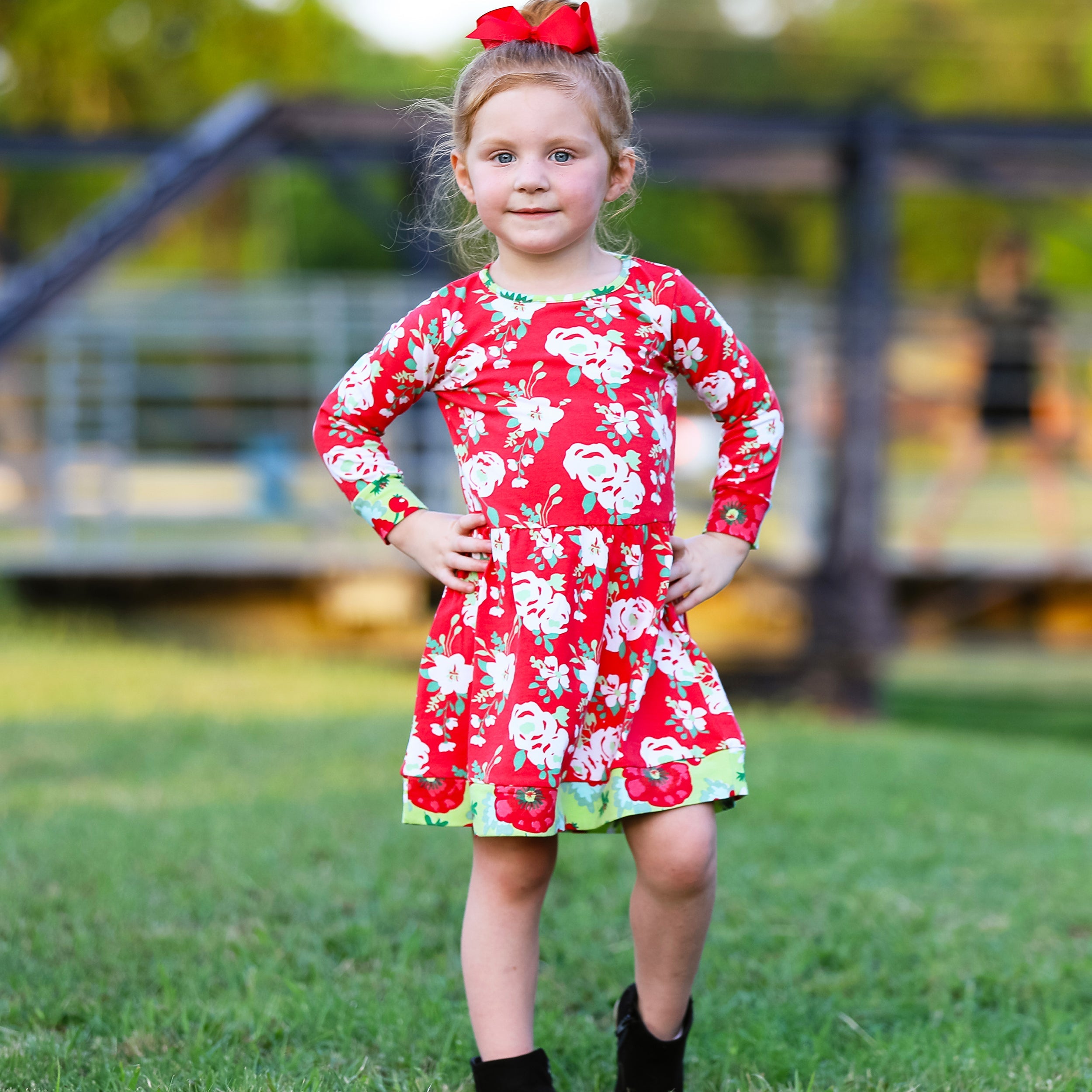 Girls Boutique Christmas Floral Long Sleeve Cotton Party Dress