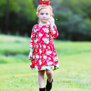 Girls Boutique Christmas Floral Long Sleeve Cotton Party Dress