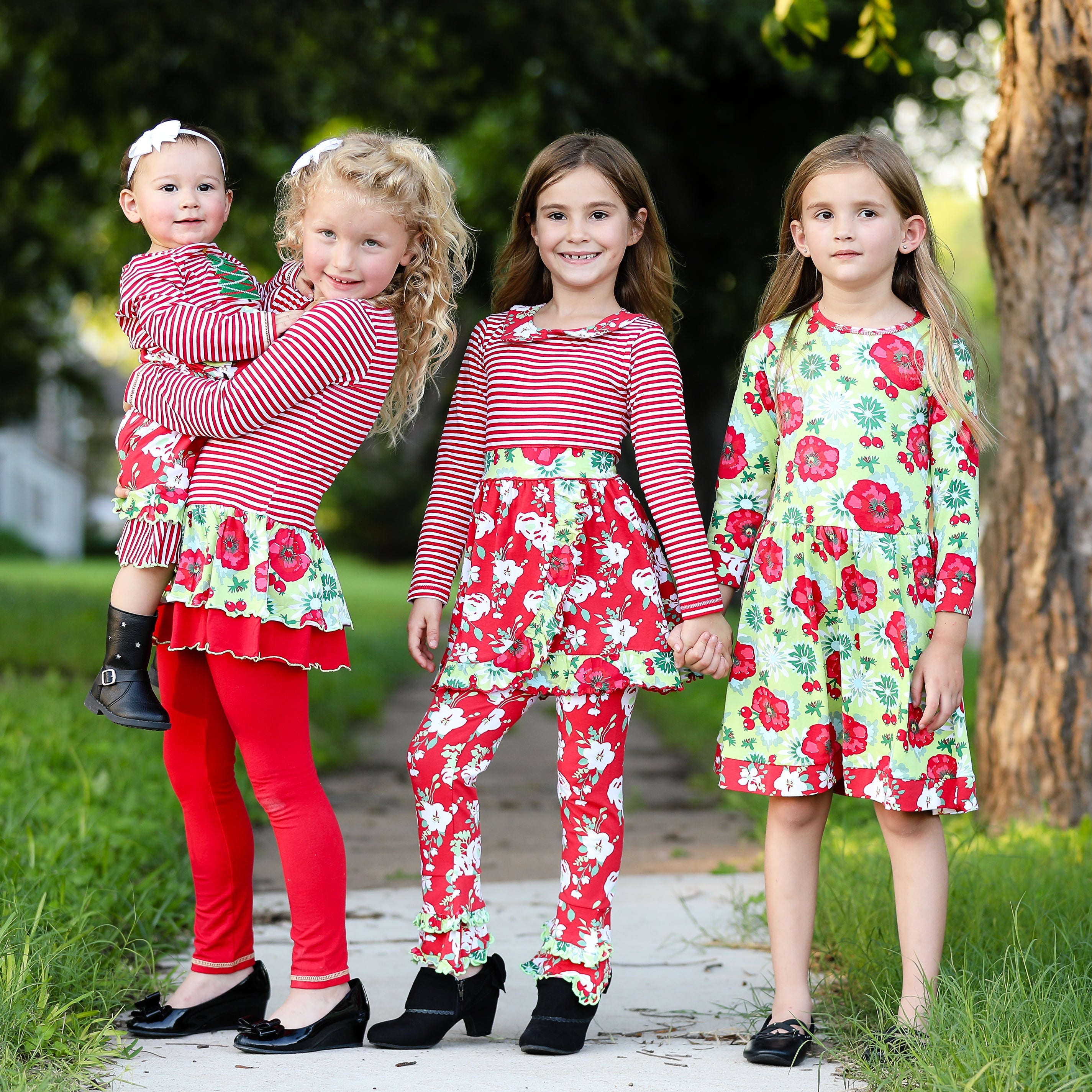 Little & Big Girls Boutique Red Christmas Floral Holiday Dress Legging Set