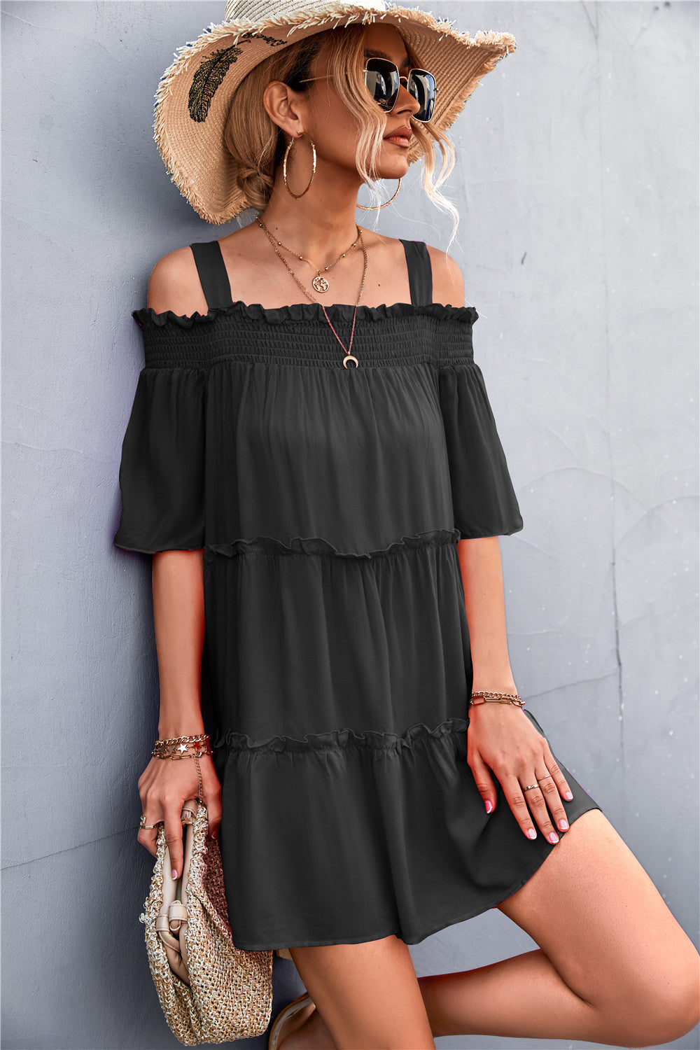 Cold-Shoulder Frill Trim Mini Dress