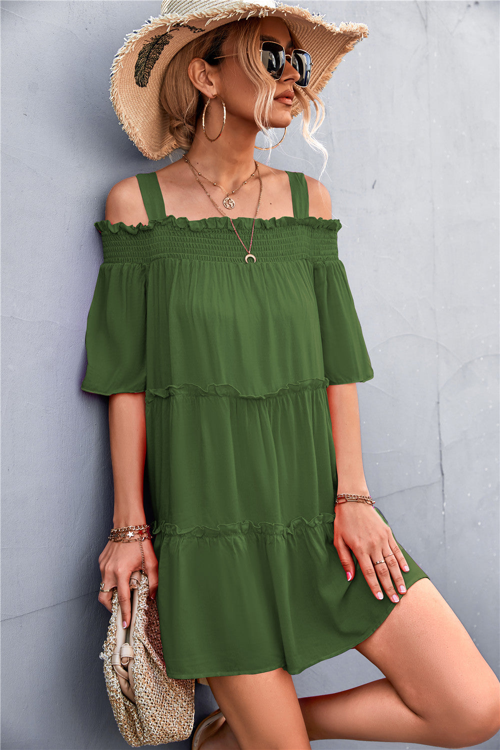 Cold-Shoulder Frill Trim Mini Dress