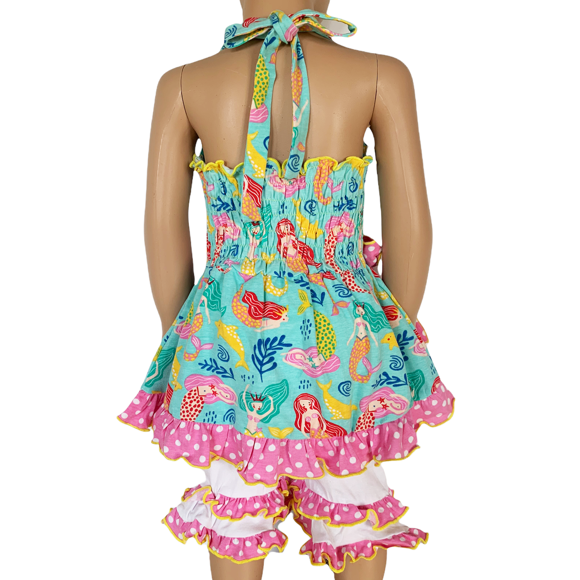 Girls' Mermaid Halter Dress & White Ruffle Shorts Boutique Set