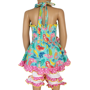 Girls' Mermaid Halter Dress & White Ruffle Shorts Boutique Set