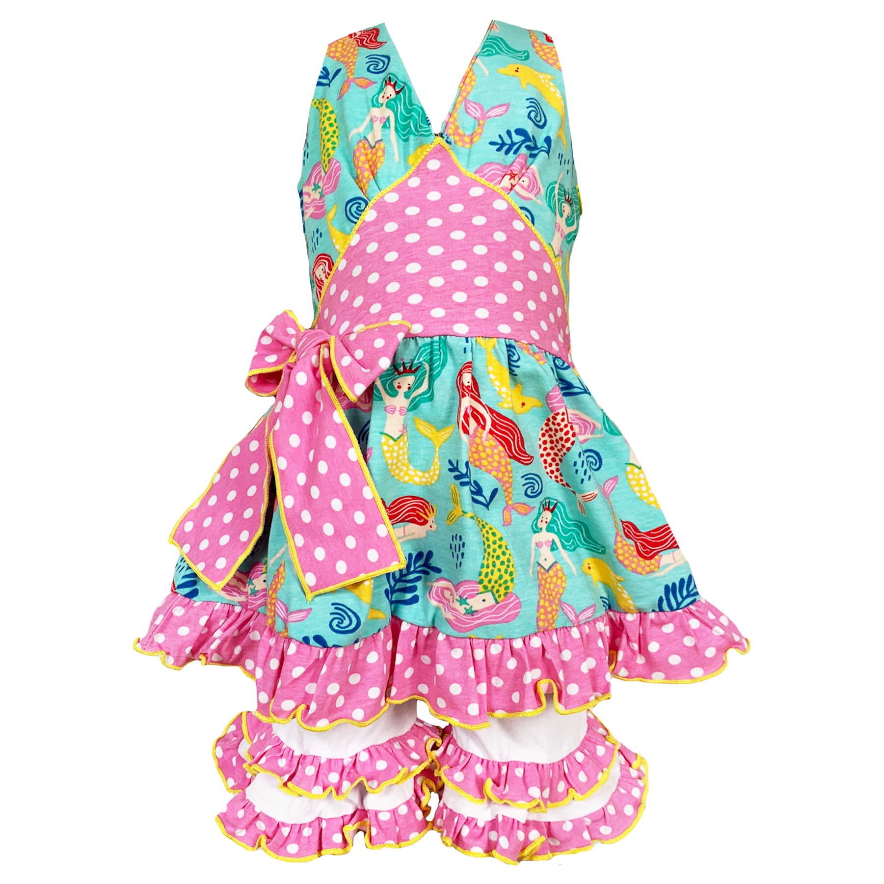 Girls' Mermaid Halter Dress & White Ruffle Shorts Boutique Set