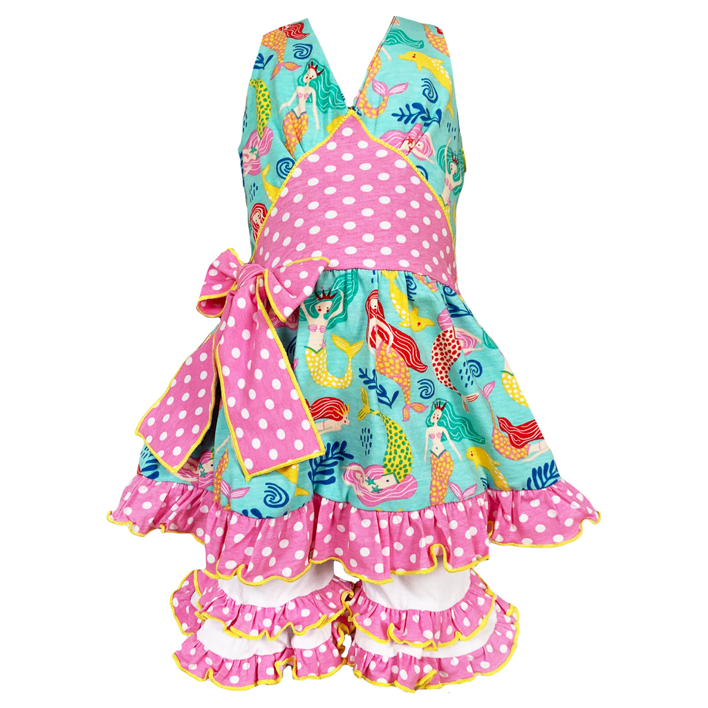 Girls' Mermaid Halter Dress & White Ruffle Shorts Boutique Set - 99fab 