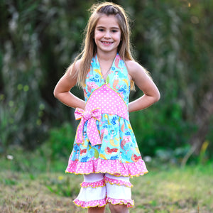 Girls' Mermaid Halter Dress & White Ruffle Shorts Boutique Set