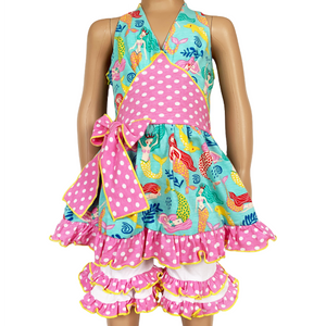 Girls' Mermaid Halter Dress & White Ruffle Shorts Boutique Set