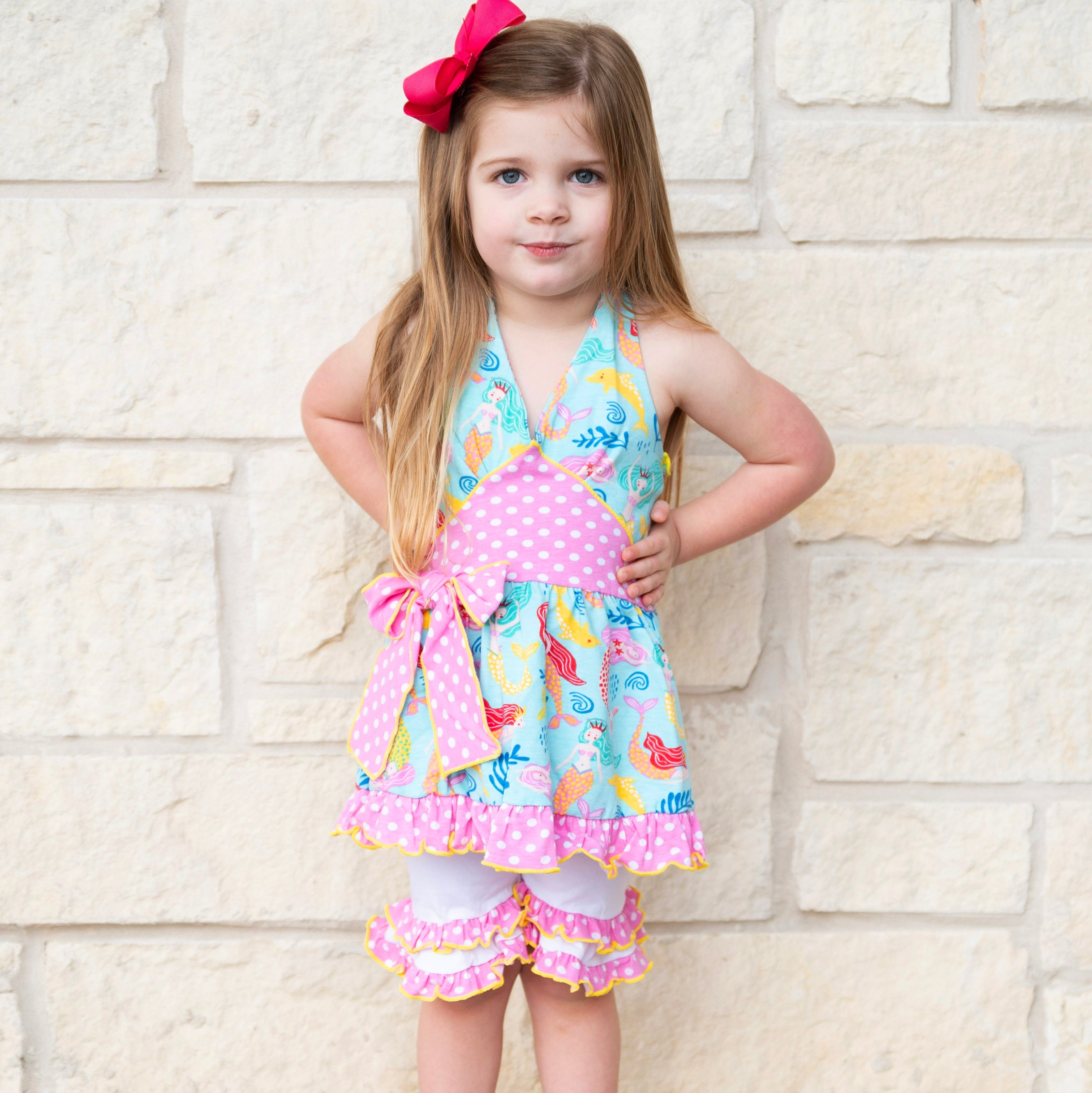 Girls' Mermaid Halter Dress & White Ruffle Shorts Boutique Set