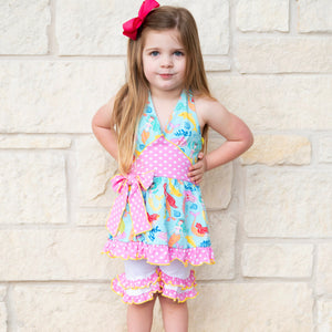 Girls' Mermaid Halter Dress & White Ruffle Shorts Boutique Set