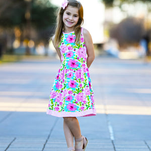 Little & Big Girls Spring Summer Floral Sleeveless Boutique Cotton Knit Dress