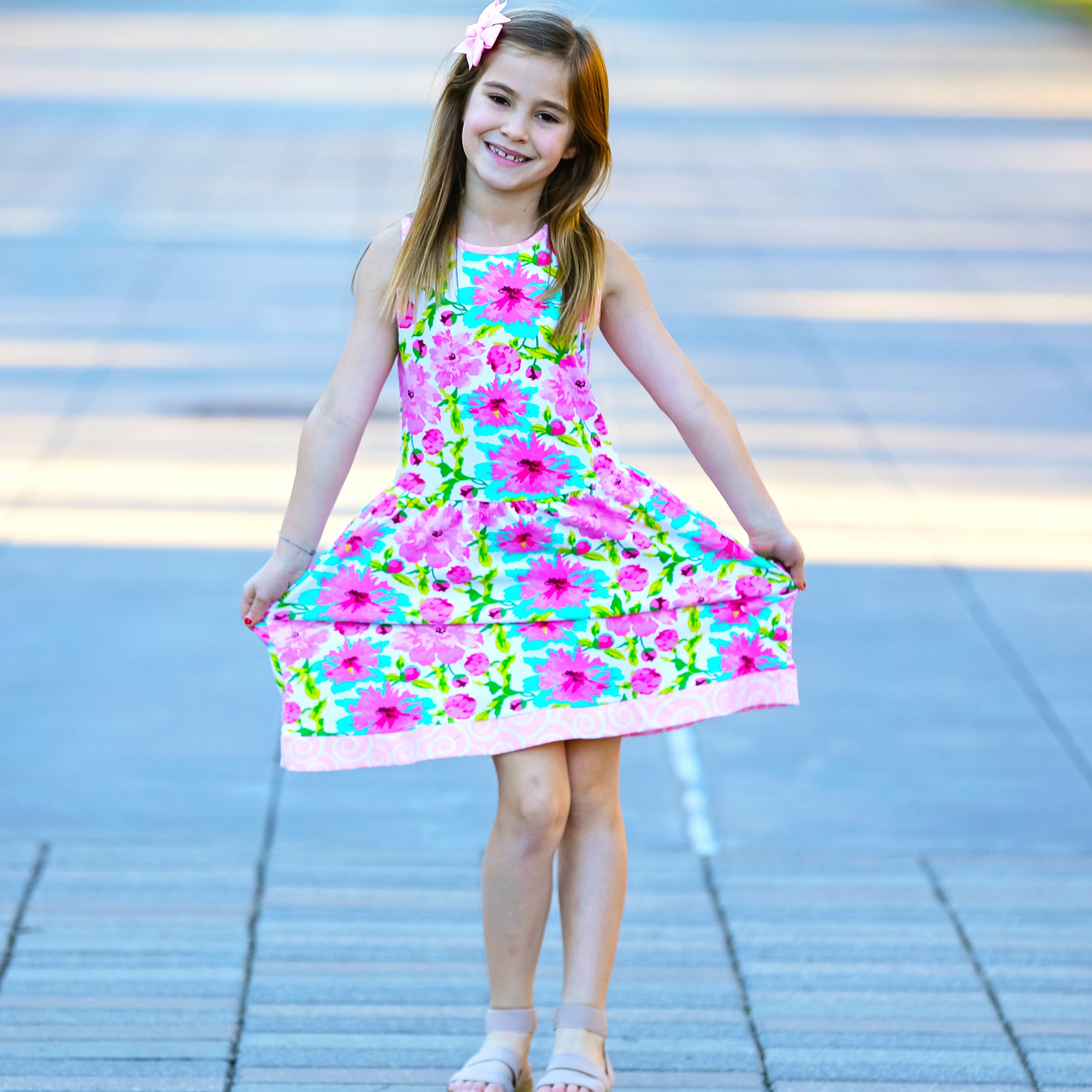 Little & Big Girls Spring Summer Floral Sleeveless Boutique Cotton Knit Dress