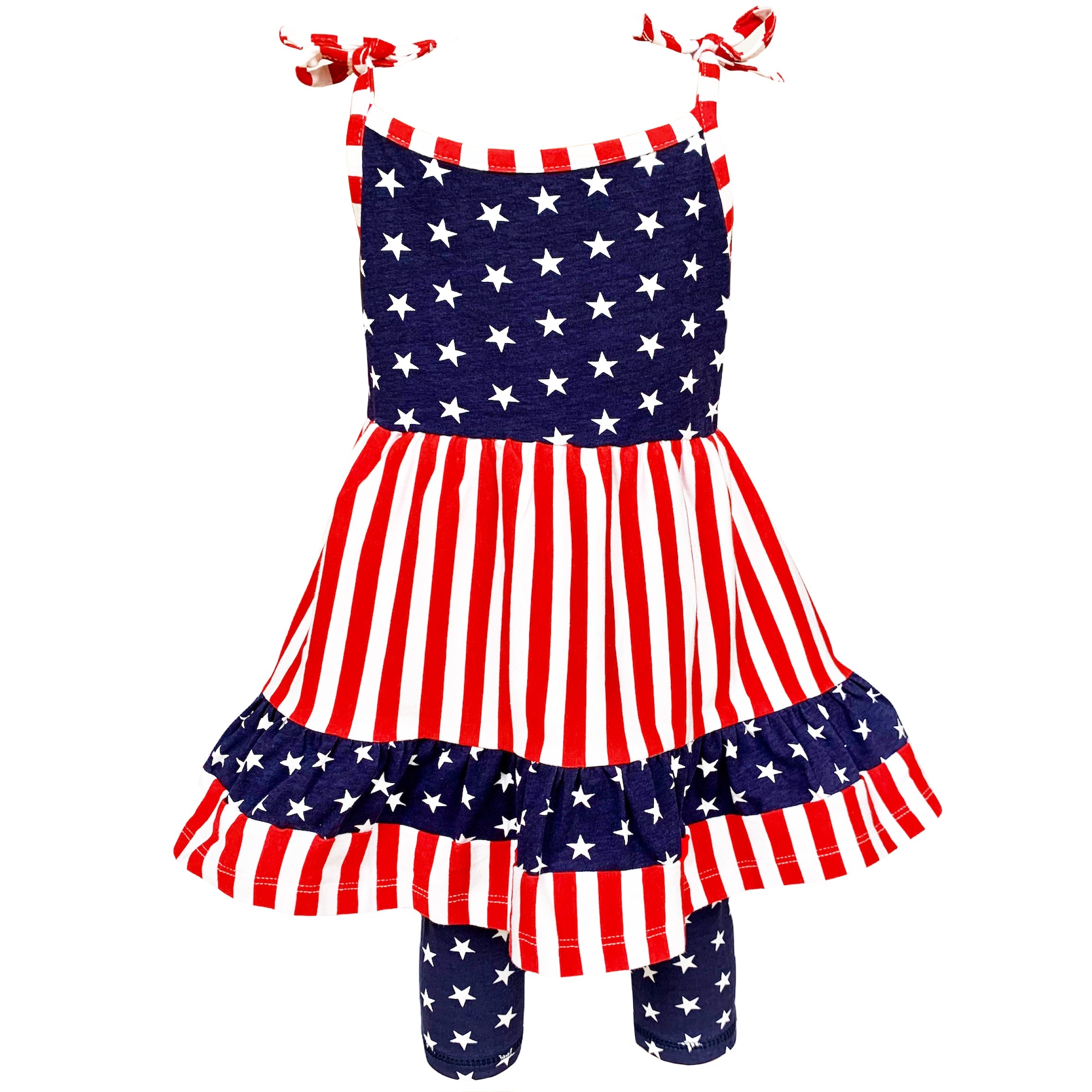 Girls 4th of July Stars & Striped Dress & Capri Leggings Outfit